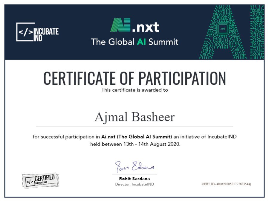 AI.nxt Global AI Summit certificate of participation