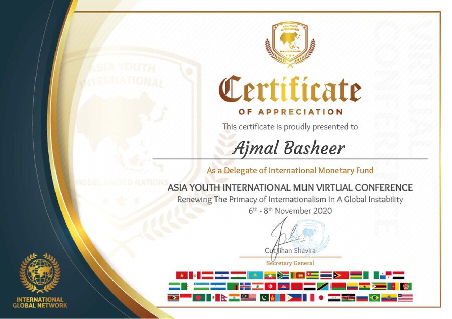 Certificate of Appreciation presented to Ajmal Basheer as a Delegate of the International Monetary Fund at the Asia Youth International MUN Virtual Conference, 6–8 November 2020