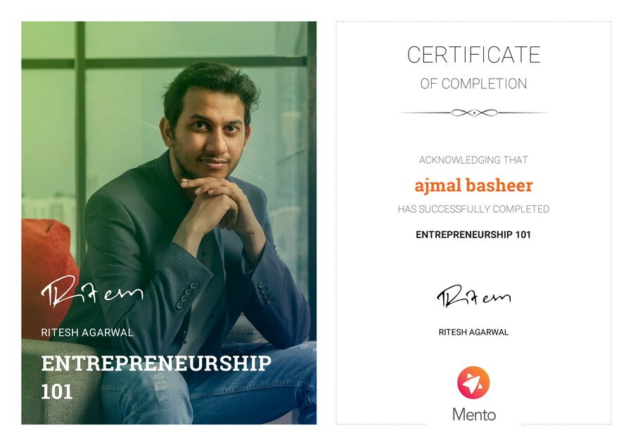 Entrepreneurship 101 certificate of completion, Mento