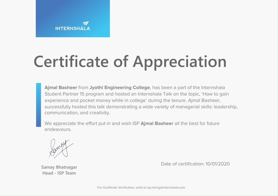 Internshala Student Partner certificate of appreciation for hosting a talk