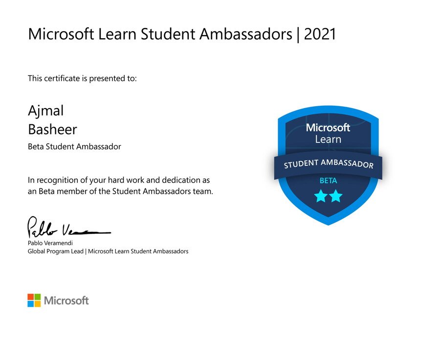 Microsoft Learn Student Ambassadors certificate, Beta Student Ambassador