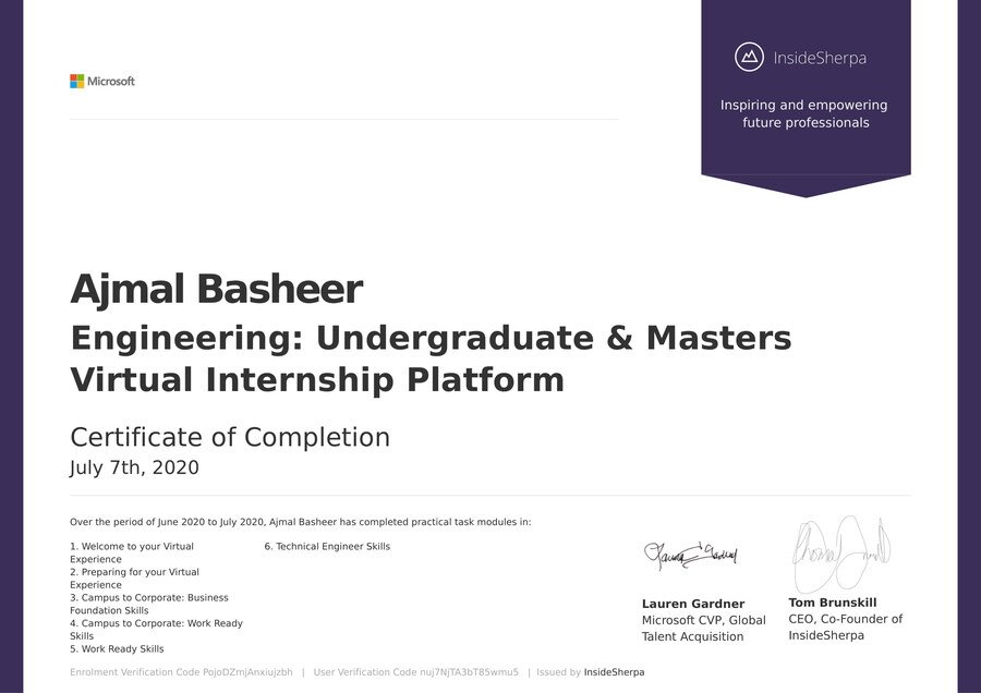 Microsoft Engineering Virtual Internship completion certificate, via InsideSherpa