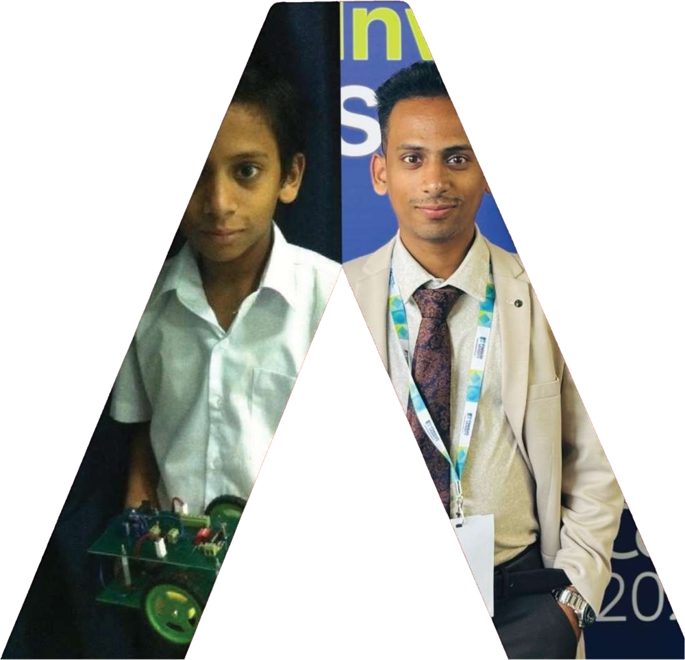 Ajmal Basheer at 13 with the robot he built, beside Ajmal Basheer today as a founder and speaker