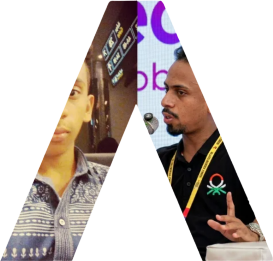 Ajmal Basheer in 2016 at an airport, and in 2026 speaking on stage, framed inside a large letter A