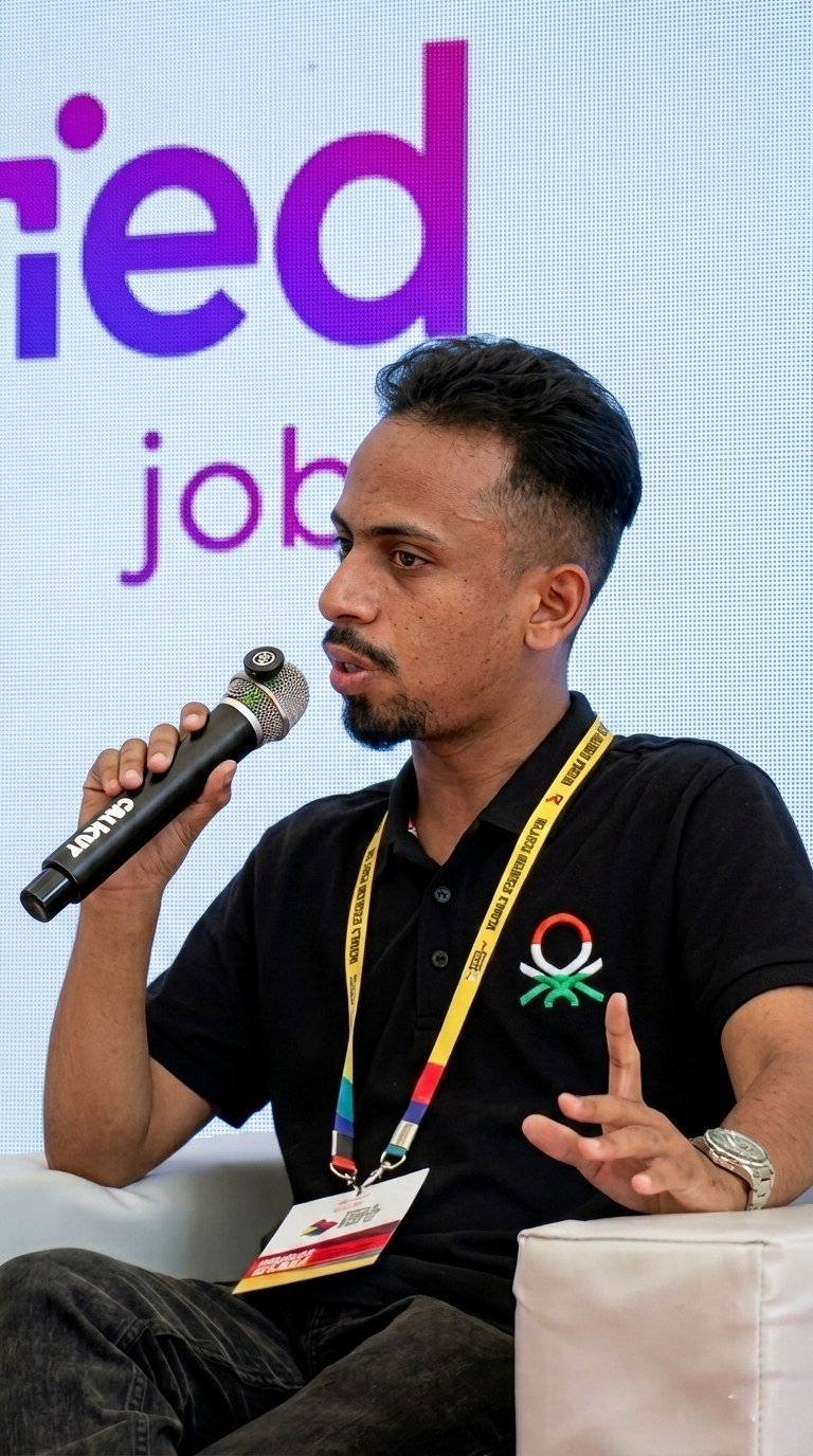 Ajmal Basheer speaking into a microphone on a panel, in front of the Jobified Jobs logo on the backdrop