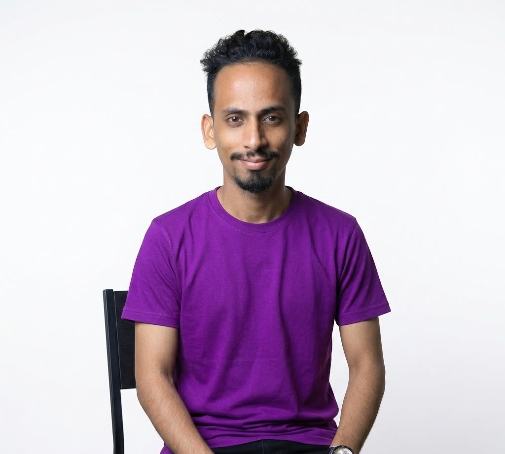 Ajmal Basheer, host of The Job Show, seated on a chair in a purple T-shirt against a white studio background