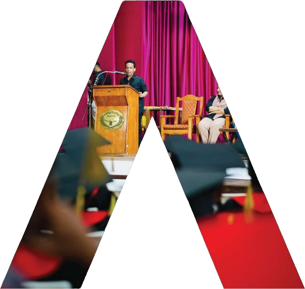 Ajmal Basheer speaking at a podium, and at his college convocation